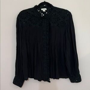 Sundance Black Lace Detail Blouse Button Front Eyelet Lace Gathers Long Sleeve